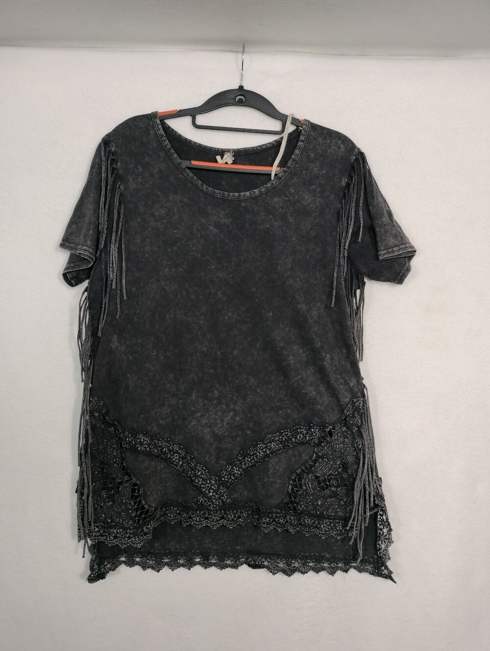 BKE Black Washed Short Sleeve Fringe Lace Tee